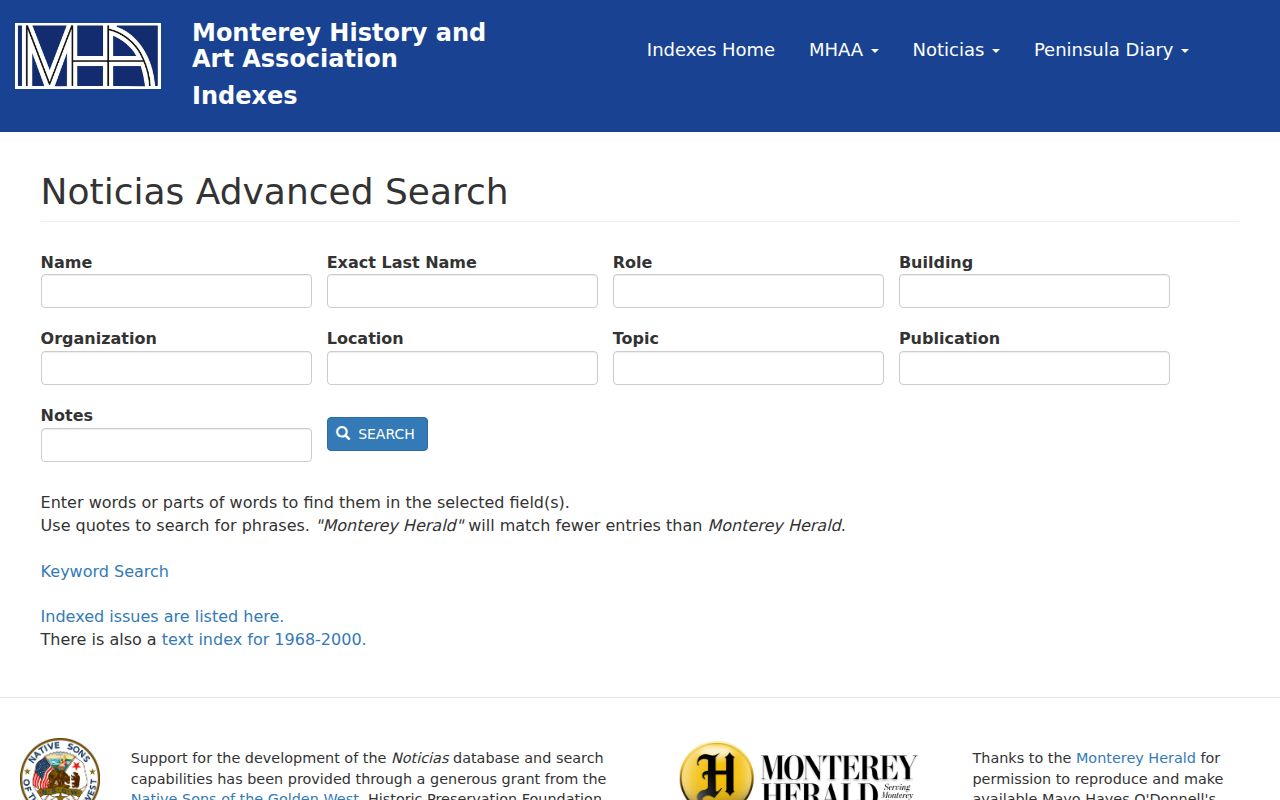 Monterey city directory MHAA advanced search fields