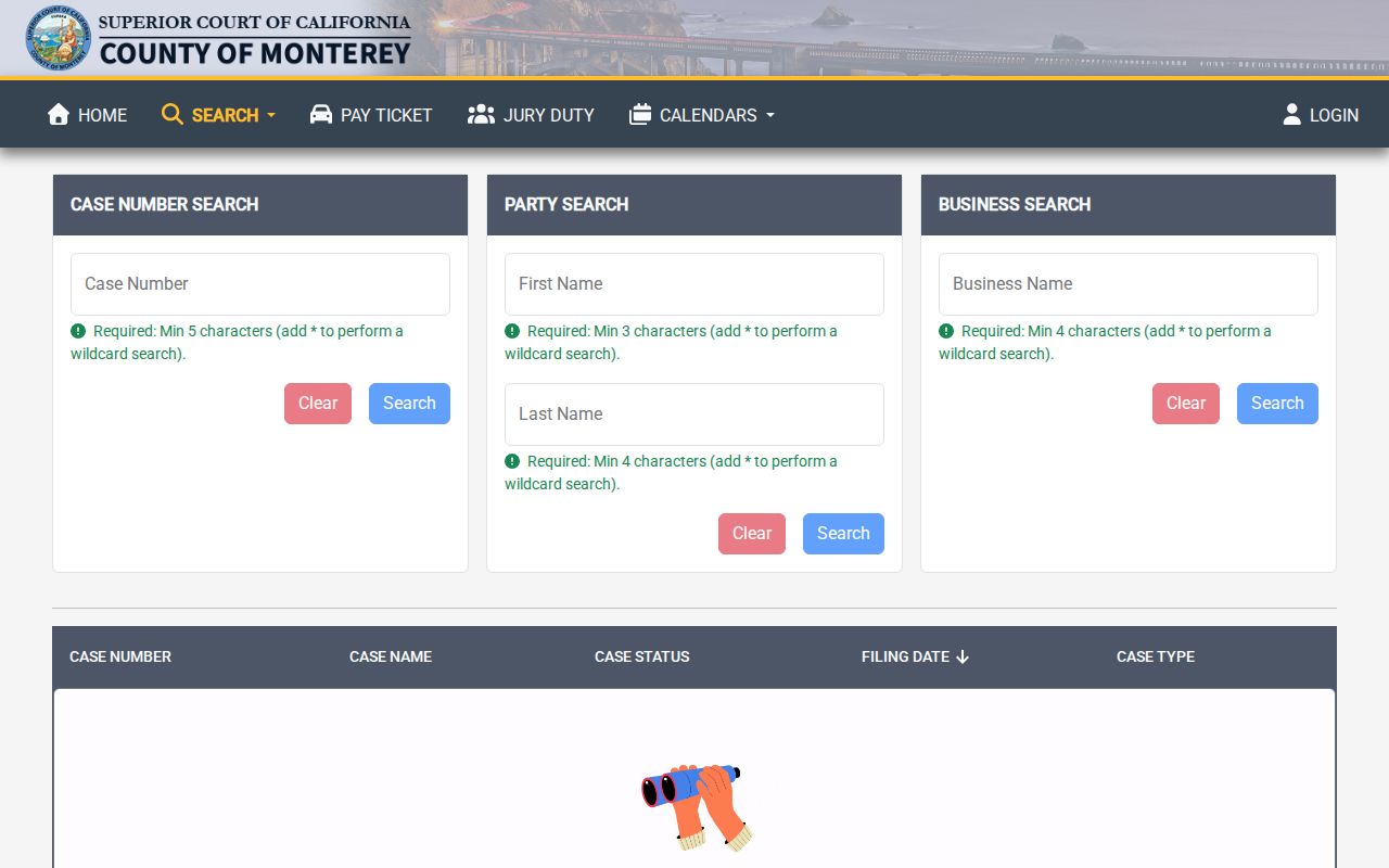 Monterey residents directory court case search fields