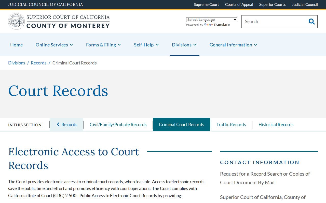 Monterey resident lookup criminal court records access