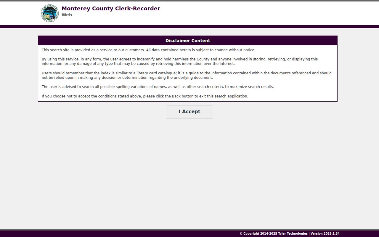 Monterey street directory view of the County Recorder current index disclaimer
